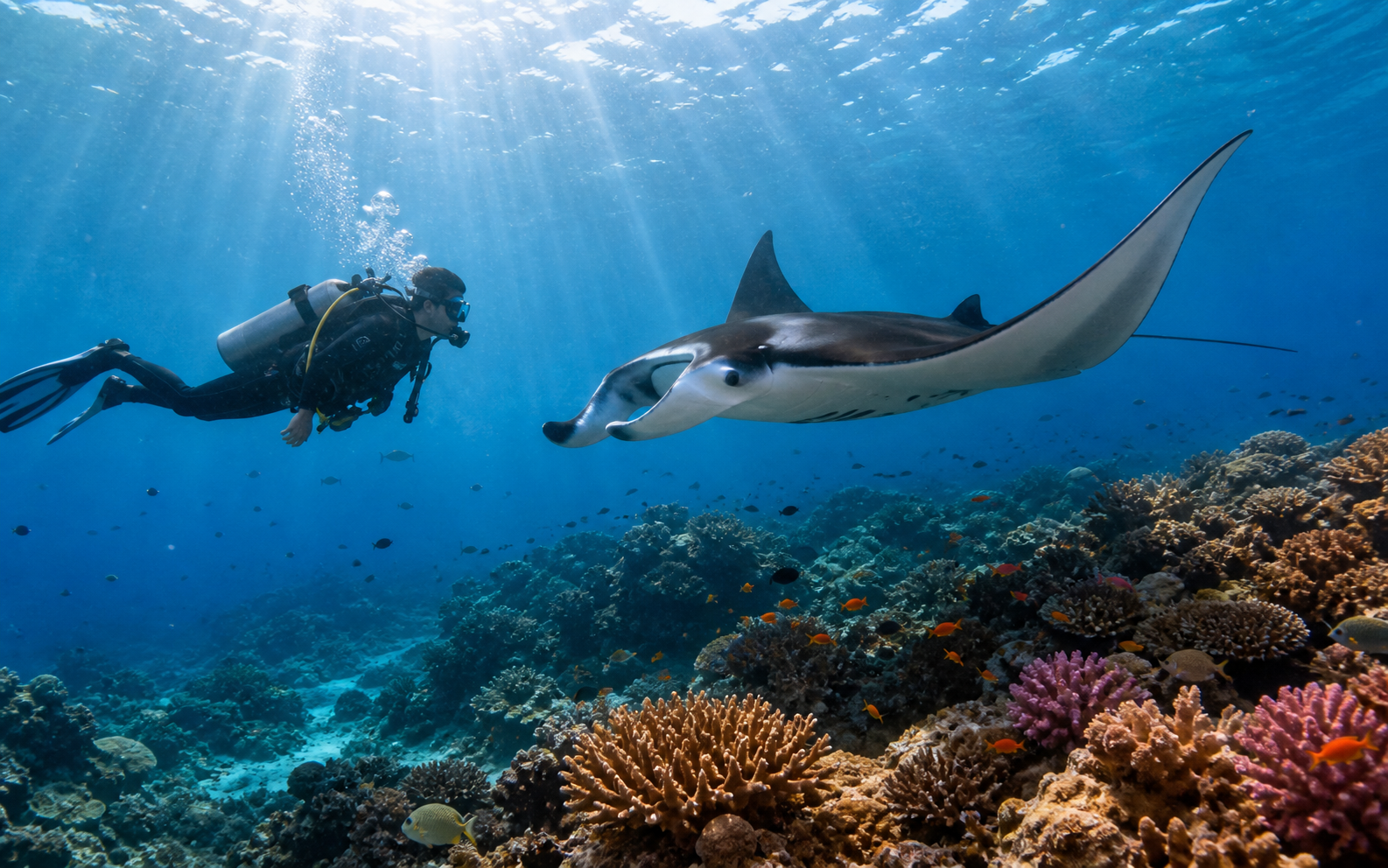 Panduan diving Indonesia — penyelam dan manta ray di terumbu karang bersama Ombak700