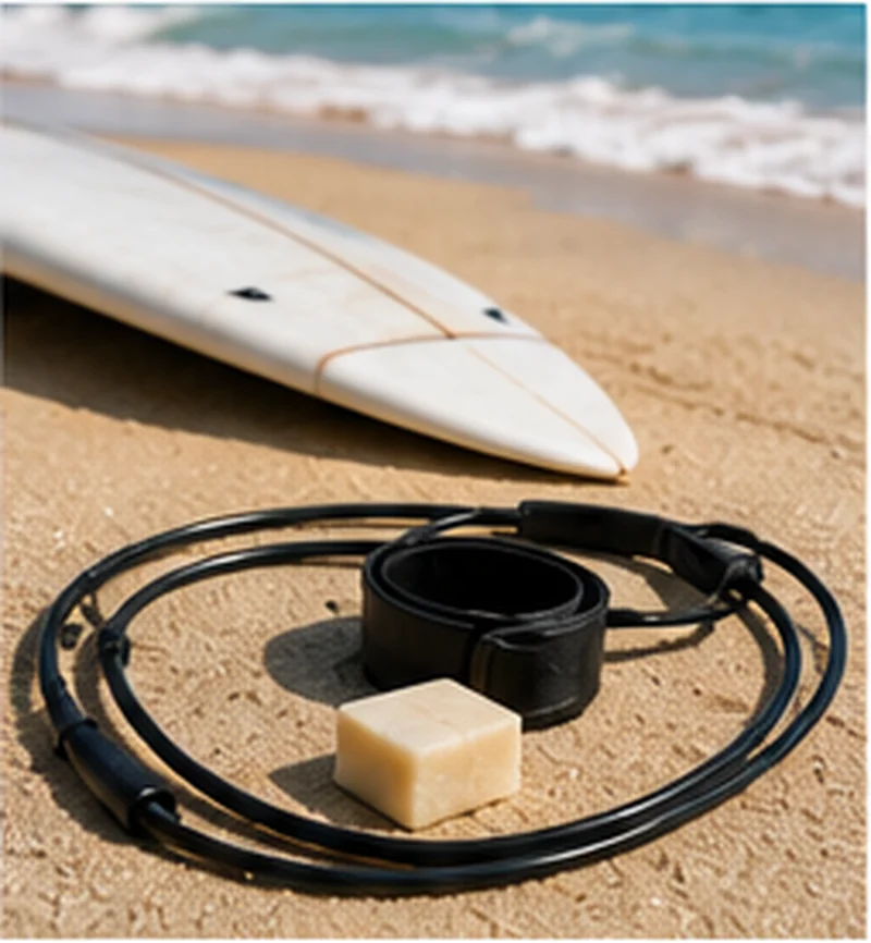 Surf leash dan wax pack di samping surfboard