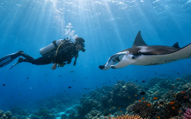 Panduan diving pemula Ombak700 dengan penyelam dan manta ray