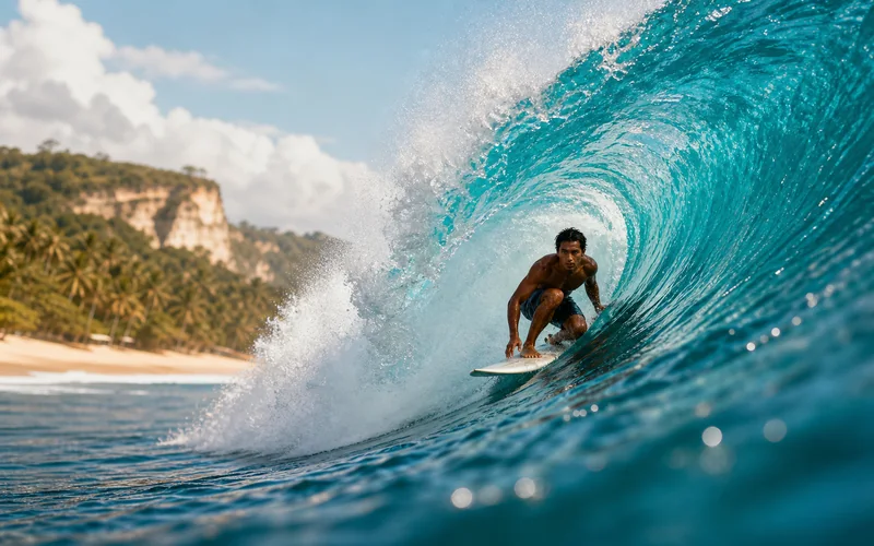 Panduan surfing pemula Ombak700 dengan peselancar di ombak tropis