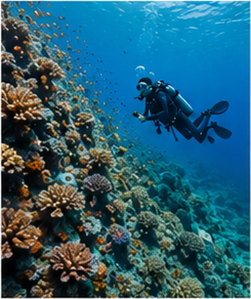 Diver di terumbu karang Bunaken dengan ikan tropis