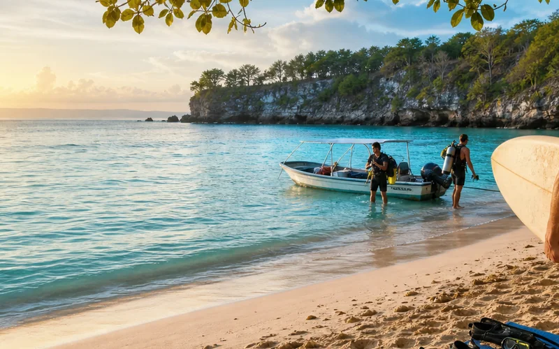 Island hopping Ombak700 di pantai tropis dengan kapal kecil